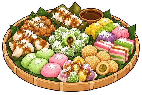 Traditional Indonesian Snacks Jajan Pasar Assortment on Bamboo Tray Illustration