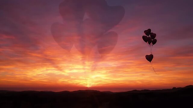 Red Heart Balloons at Sunset Over Ocean - A cluster of red heart-shaped balloons floats against a vibrant sunset sky filled with hues of orange, yellow, and purple.