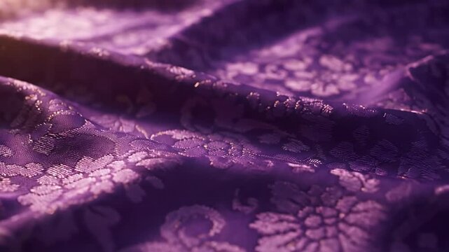 Luxurious Deep Purple Fabric with Floral Pattern - A close-up shot of flowing, deep purple fabric with a subtle, intricate floral pattern.