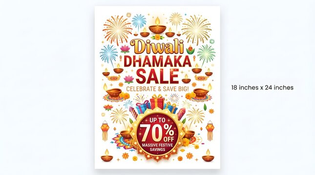 Diwali dhamaka sale poster with fireworks and gifts