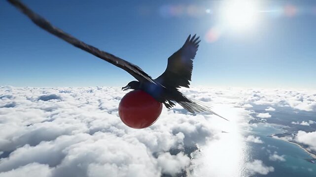 Frigatebird Flying Over Clouds with Red Pouch - A frigatebird with its distinctive red throat pouch inflated soars gracefully above a sea of white clouds.
