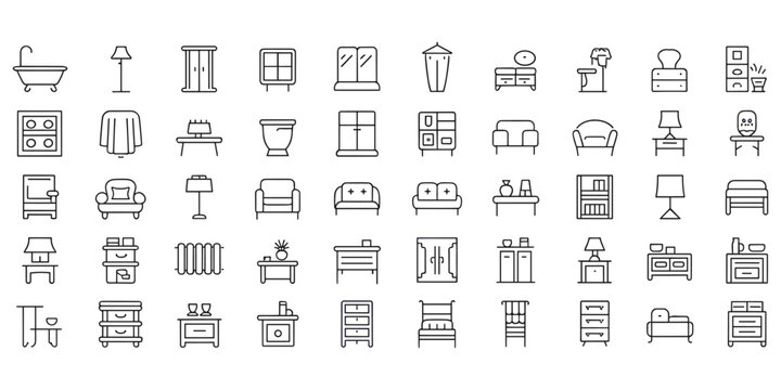 Collection of thin line furniture icons featuring beds, sofas, armchairs, lamps, tables, bathtubs, and storage cabinets arranged in a grid on a white background