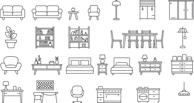 Collection of thin line furniture icons featuring sofas, armchairs, beds, bookshelves, tables, lamps, and storage cabinets on a clean white background, for interior