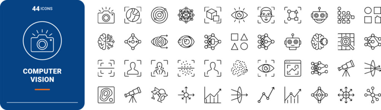 Computer vision line icon set. Vector pictograms of machine learning, visual intelligence, object detection, and autonomous perception elements, thin linear illustration.