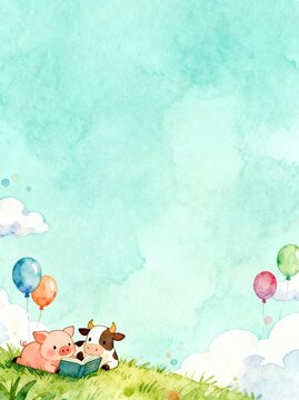 Watercolor cartoon background for children book recommendation, mini pig and calf reading on grass, balloons and clouds decoration, large blank space for text layout