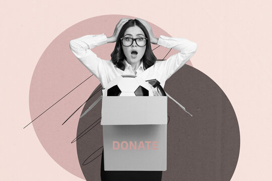 Poster photo full sketch collage of happy businessman businesswoman volunteer hold donation box charity money savings sharing