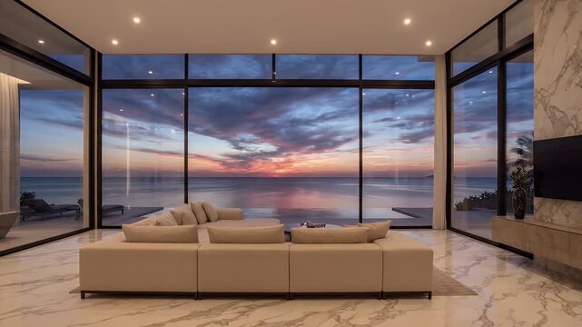 Luxury Living Room With Sunset Ocean View - A modern living room features a large sectional sofa facing floor-to-ceiling windows.