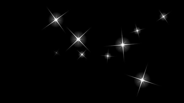 Anime sparkle shine loop, white four point star flares on black
