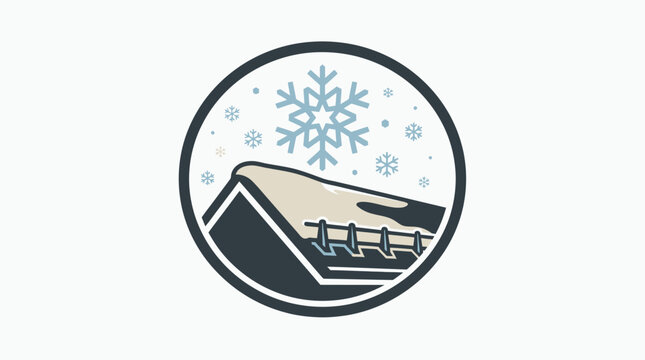 Circular winter logo featuring a snow covered mountain peak and a large snowflake for ski resort or outdoor winter activities branding