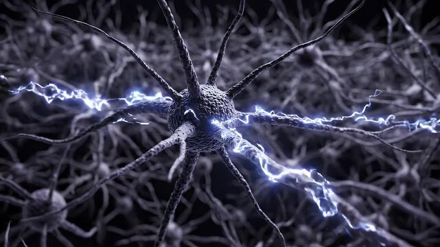 Neural Network Synapse Sparking - Close-up of a neuron's cell body and dendrites, with a bright blue spark of electrical energy jumping across a synapse.