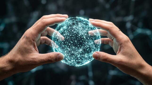 Hands framing glowing cyan digital plexus sphere technology