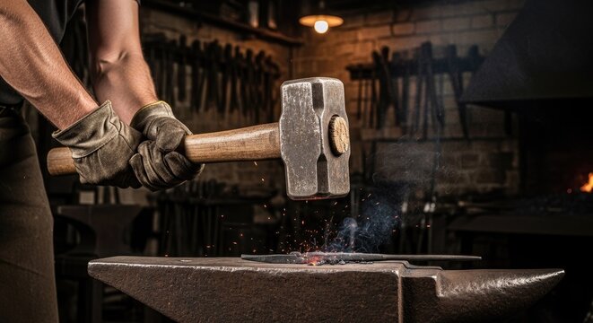 Close up of hammer striking hot metal on anvil.