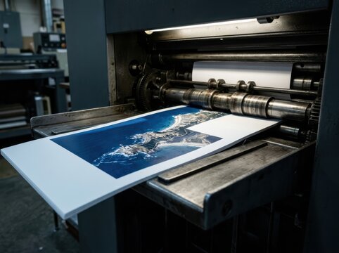 Offset printing press producing a large coastal poster in a print shop