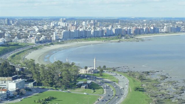 Aerial view of Rambla del Buceo and Montevideo skyline, Uruguay.