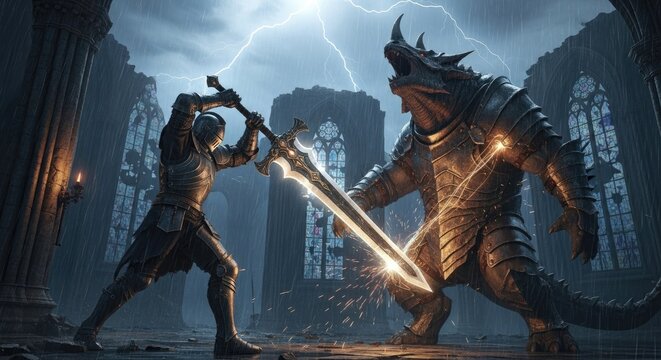 Knight in armor battling giant dragon monster in ruins.