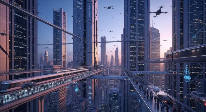 Futuristic metropolitan cityscape with flying vehicles and glass skyscrapers.