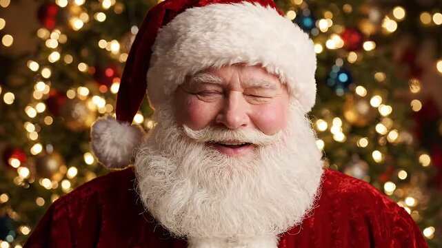 Cheerful Santa Claus Winking in Front of Decorated Christmas Tree - A close-up portrait of a smiling Santa Claus with a thick white beard and mustache, winking at the camera.