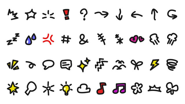 Random unique cartoon hand drawn expression symbol sign. Cute vector doodle illustration art hand drawn for book, website, social media, diary, note. Vector set.