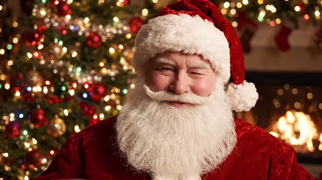 Cheerful Santa Claus Giving Thumbs Up - A happy Santa Claus with closed eyes and a wide smile gives a thumbs up gesture, with a brightly decorated Christmas tree and a cozy fireplace in the
