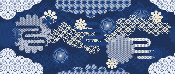 Fototapeta na wymiar Japanese seamless floral pattern vector with blue and white decorative flowers. Traditional Asian botanical ornament background for textile, fabric, wallpaper and wrapping paper