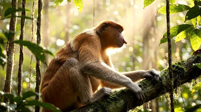 Proboscis Monkey in Rainforest Sunlight - A proboscis monkey with its distinctive nose sits perched on a moss-covered branch within a lush, sun-dappled rainforest.