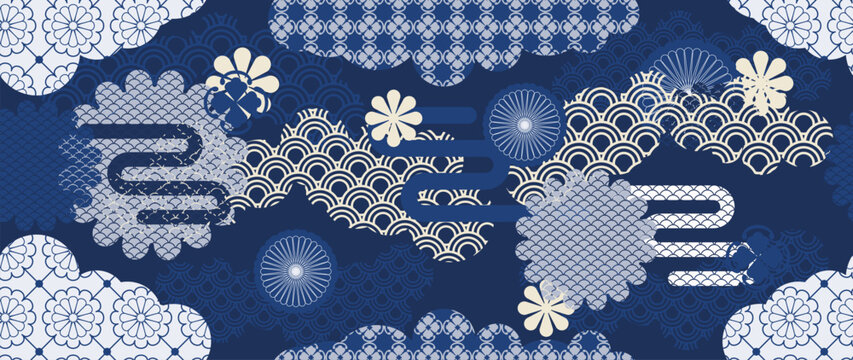Japanese seamless floral pattern vector with blue and white decorative flowers. Traditional Asian botanical ornament background for textile, fabric, wallpaper and wrapping paper