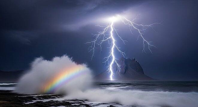 Powerful lightning strike over ocean waves with a rainbow.