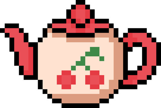 Cute Cherry Teapot Pixel Art, Tea Brewing and Kitchen Illustration