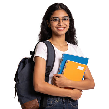 Smiling Indian Female Student Holding Notebooks and Backpack isolated on transparent background