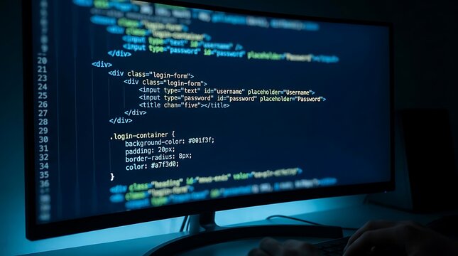 Programmer writing code on a computer monitor in a dark room