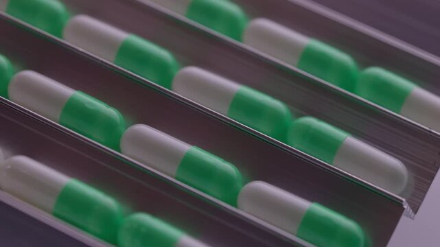 Green and white capsules sliding along conveyor belt in pharmaceutical production line.