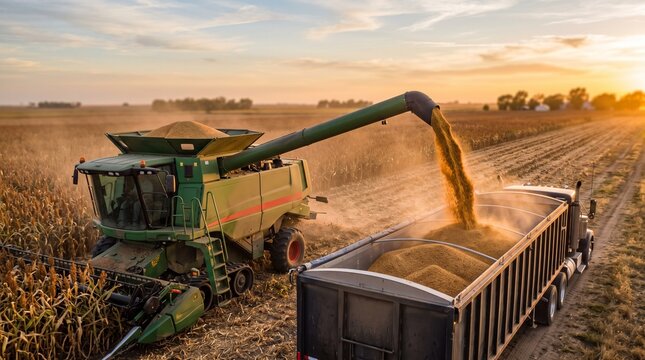 Green combine harvester unloading golden grain directly into a trailer