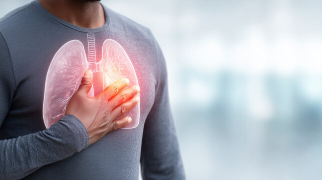 Adult person experiencing chest discomfort with a glowing anatomical lung illustration, representing respiratory health, breathing problems, pulmonary disease, medical care and healthcare awareness.