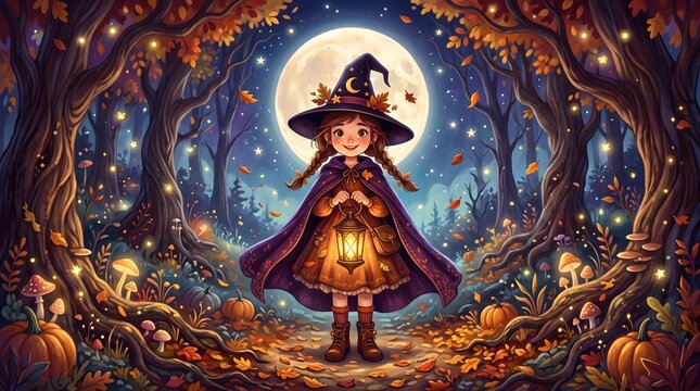 Young witch stands in a magical forest holding a glowing lantern under a full moon