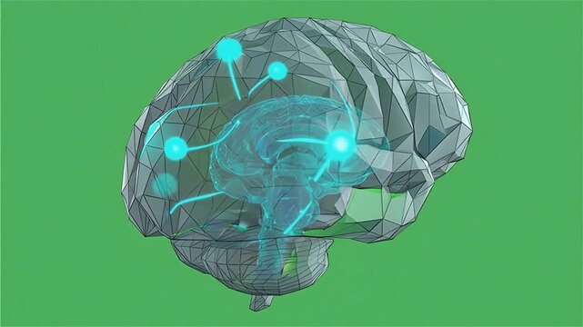 Digital Wireframe Brain 3D Vector AI Loop on Chroma Key Green Screen 5 Seconds Video