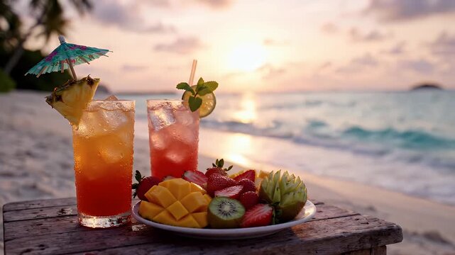 Tropical Sunset Cocktails and Fruit Platter on Beach Table - Two refreshing tropical cocktails and a platter of fresh fruit are arranged on a rustic wooden table on a sandy beach during a beautiful