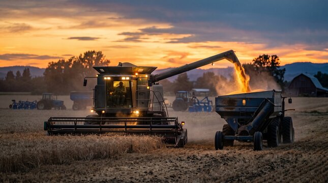 Silhouettes of heavy farm machinery and a combine harvester working in a field at sunset.