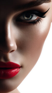Close up beauty portrait of woman with cat eyeliner for a bold eye makeup cosmetics concept, capturing female face with striking blue eye and nude lips on white background.