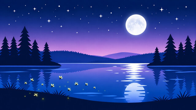 Full Moon Night Landscape over Pine Forest Lake with Fireflies Vector