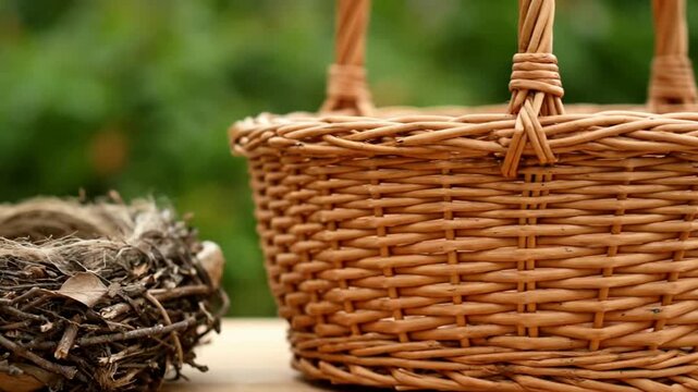 Natural bird nest and woven basket side-by-side comparison on neutral background