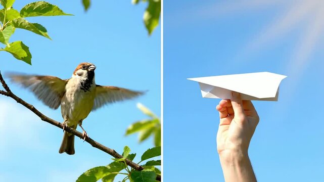 Bird mid-flight collides with paper airplane in outdoor park setting