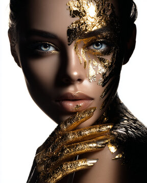 Editorial beauty portrait of woman with gold leaf for a luxury cosmetics body art concept, capturing female profile with golden leaf foil makeup on white background.