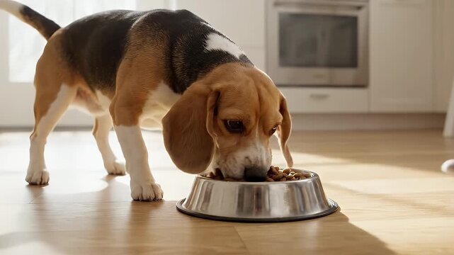 Beagle Dog Eating Kibble from Bowl with Owner's Hands Nearby - A tricolor Beagle dog is shown eating dry kibble from a silver metal bowl on a wooden floor.