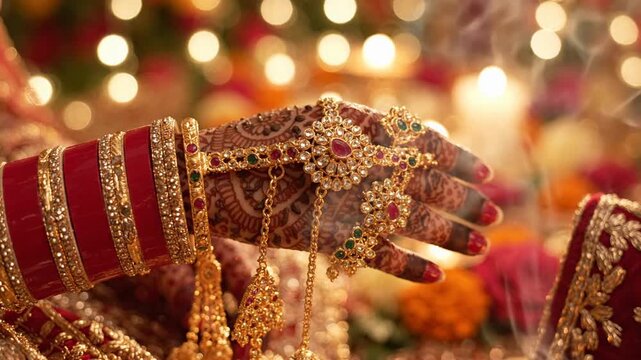 Indian bridal hand macro shot showing ornate gold haathphool jewelry, red bangles, henna mehendi design, wedding ceremony background bokeh photography