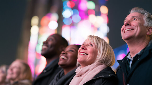 Diverse group of happy multiethnic mature adults looking up at the vibrant illuminated displays during a magical Lumiere Festival evening event