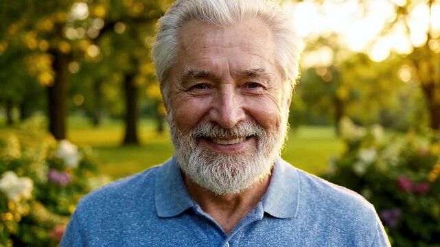 Smiling Senior Man Outdoors Golden Hour Portrait - A close-up portrait of a happy, smiling senior man with a full beard.