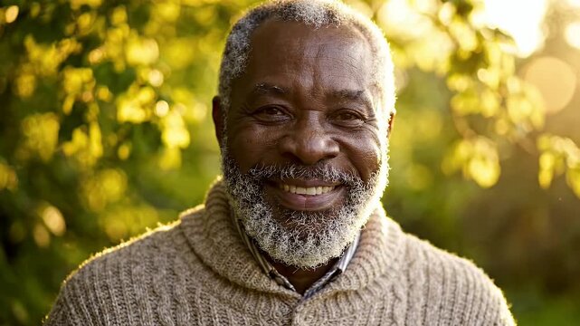 Close-Up Portrait of Smiling Black Man in Nature - A close-up shot captures a joyful Black man with a graying beard, smiling warmly at the camera.