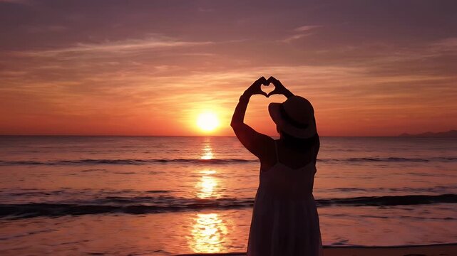 Woman Makes Heart Shape at Beach Sunset - A silhouette of a woman wearing a straw hat and a white dress stands on a beach, forming a heart shape with her hands against a vibrant sunset over the ocean.