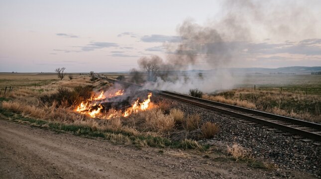 Fire and smoke rising from burning debris in an open field near a railway track.