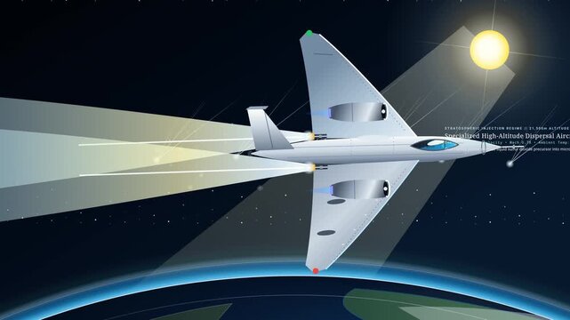 Stratospheric aerosol injection animation demonstrating a high altitude dispersal aircraft releasing sulfate precursors to form a planetary solar shield for climate stabilization and surface cooling